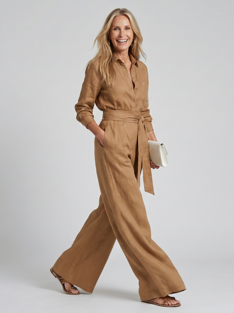 Jovie | Långärmad jumpsuit med knapplist och vida ben