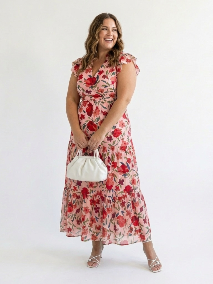 Lila | Midi-A-Line Klänning med Blommönster
