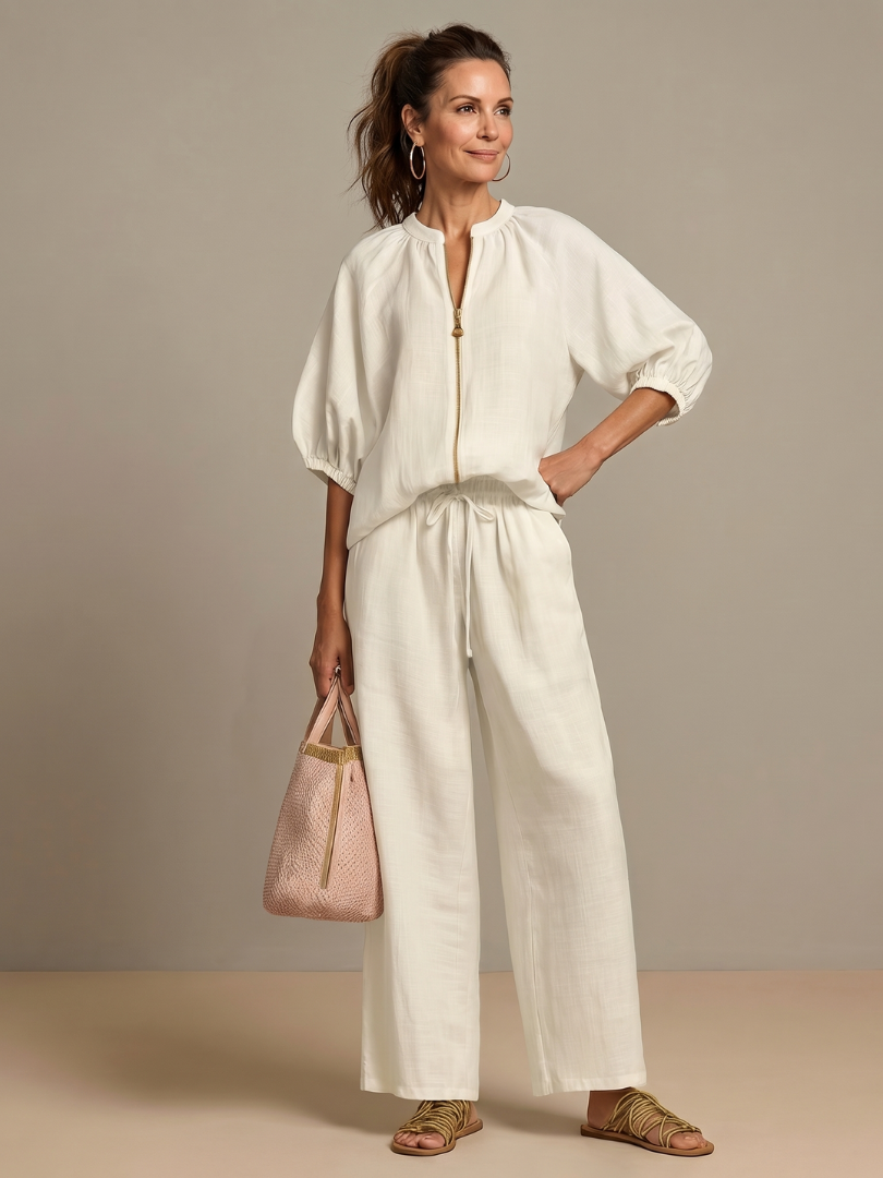 Natalia | Blus med dragkedja och vida byxor