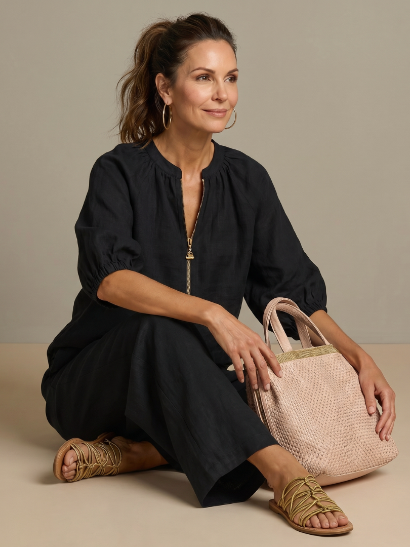 Natalia | Blus med dragkedja och vida byxor