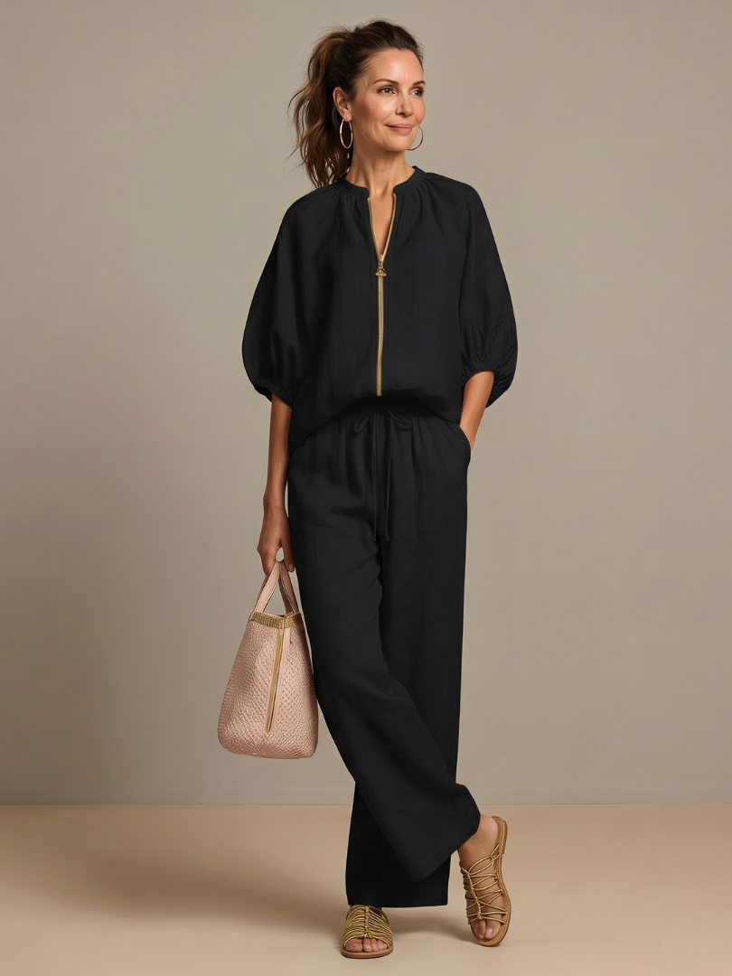 Natalia | Blus med dragkedja och vida byxor
