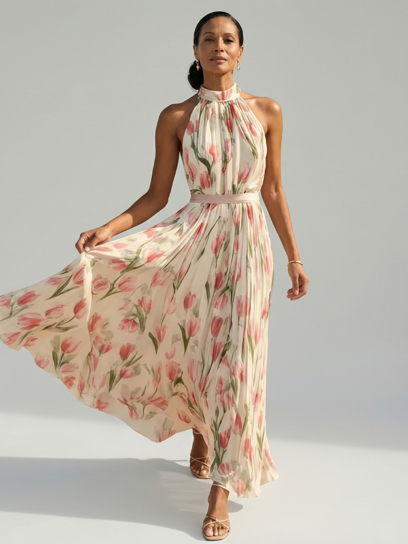 Aurelle | Midi-klänning med blommig halterneck