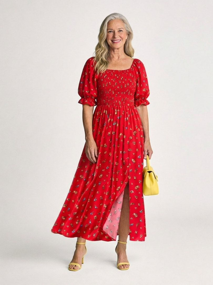 Delphine | Midi-klänning med puffärmar och fyrkantig halsringning med blommor