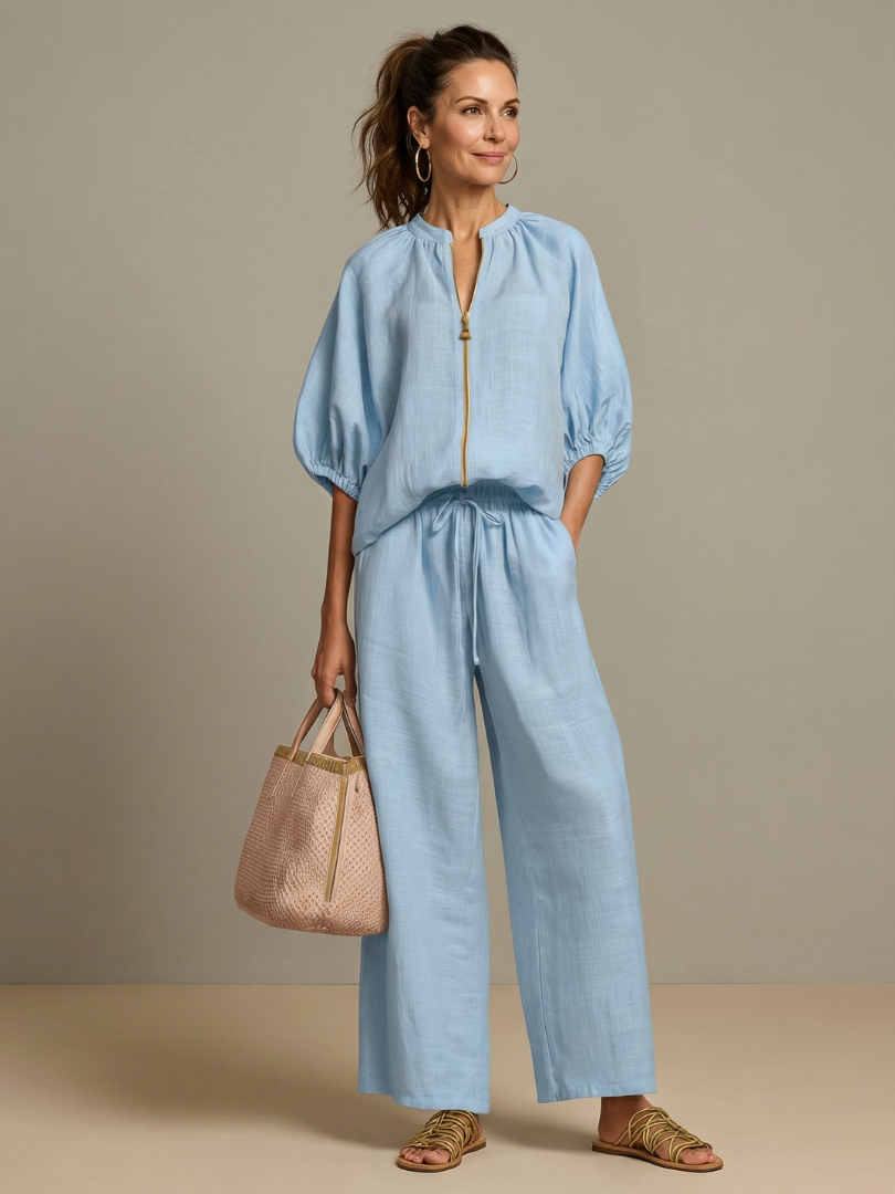Natalia | Blus med dragkedja och vida byxor