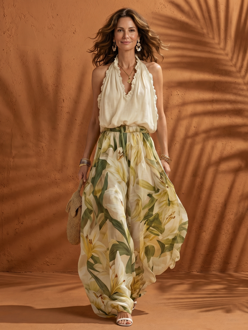 Solange | Halterneck Blus Blommig Vid Byxset
