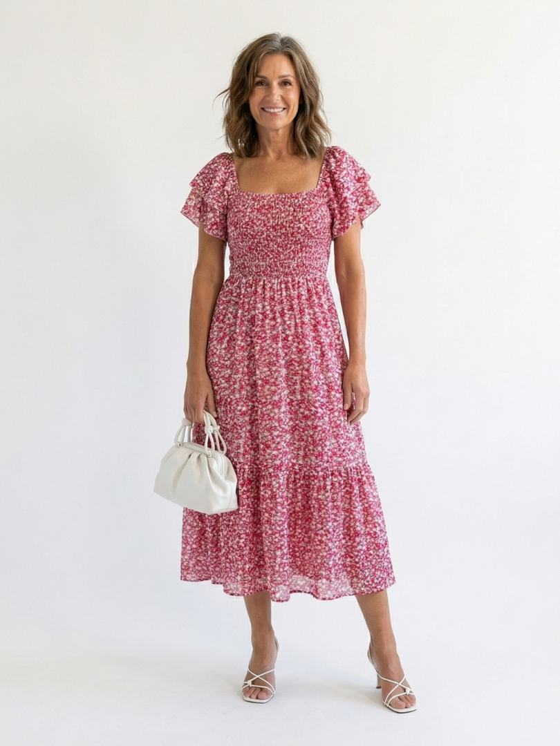 Odette | Midi-klänning med blommönster och off-shoulder halsringning