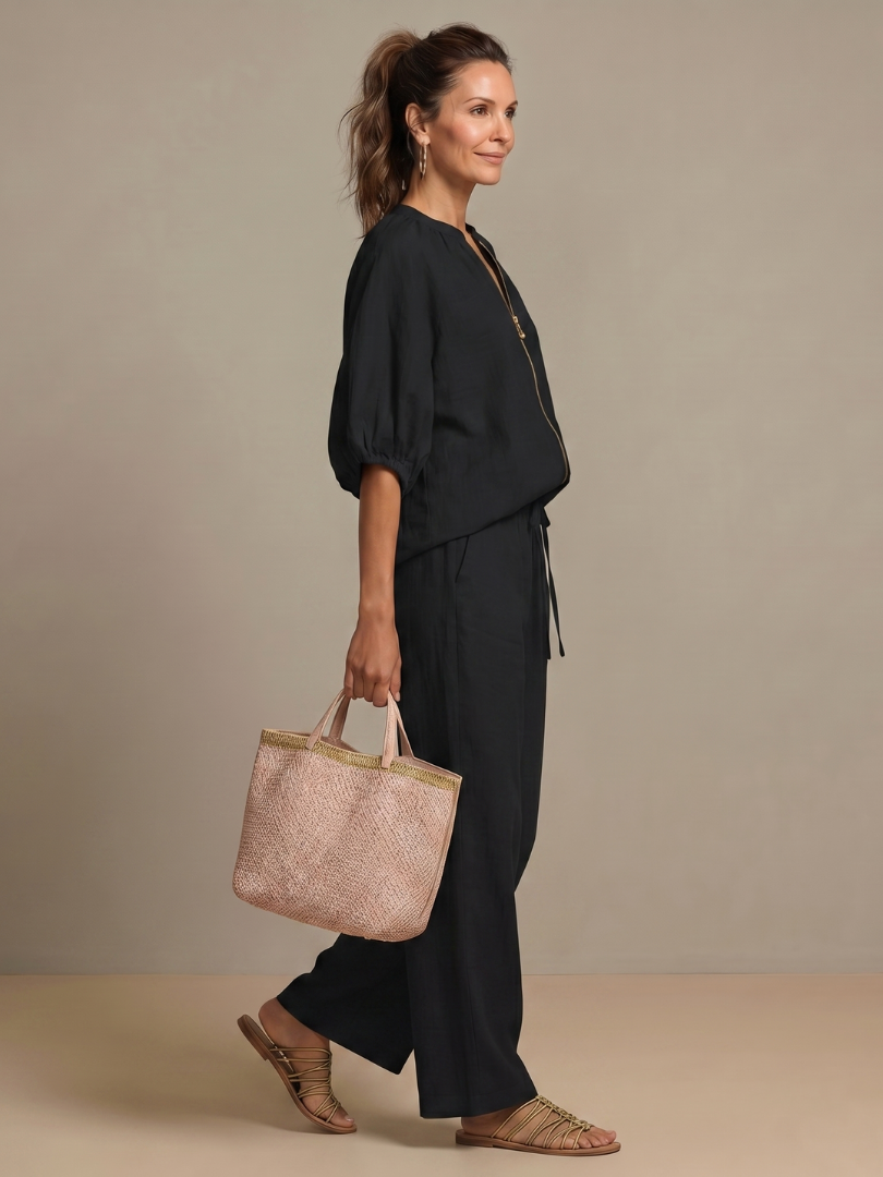 Natalia | Blus med dragkedja och vida byxor