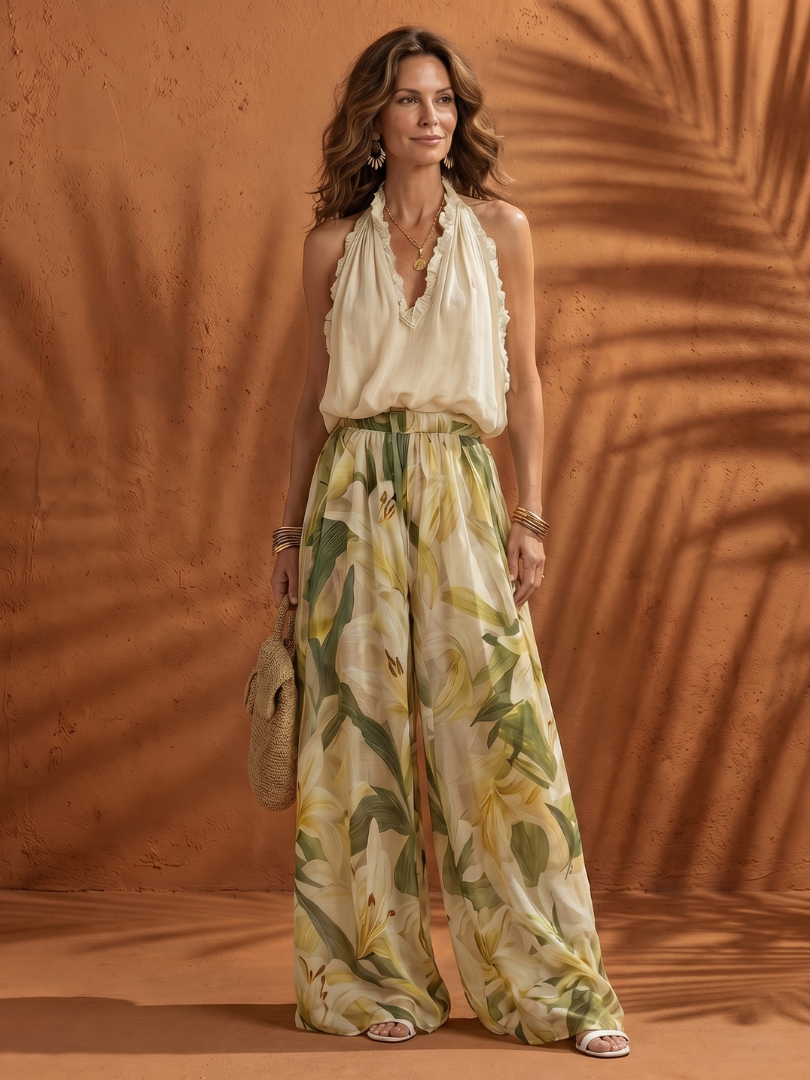 Solange | Halterneck Blus Blommig Vid Byxset