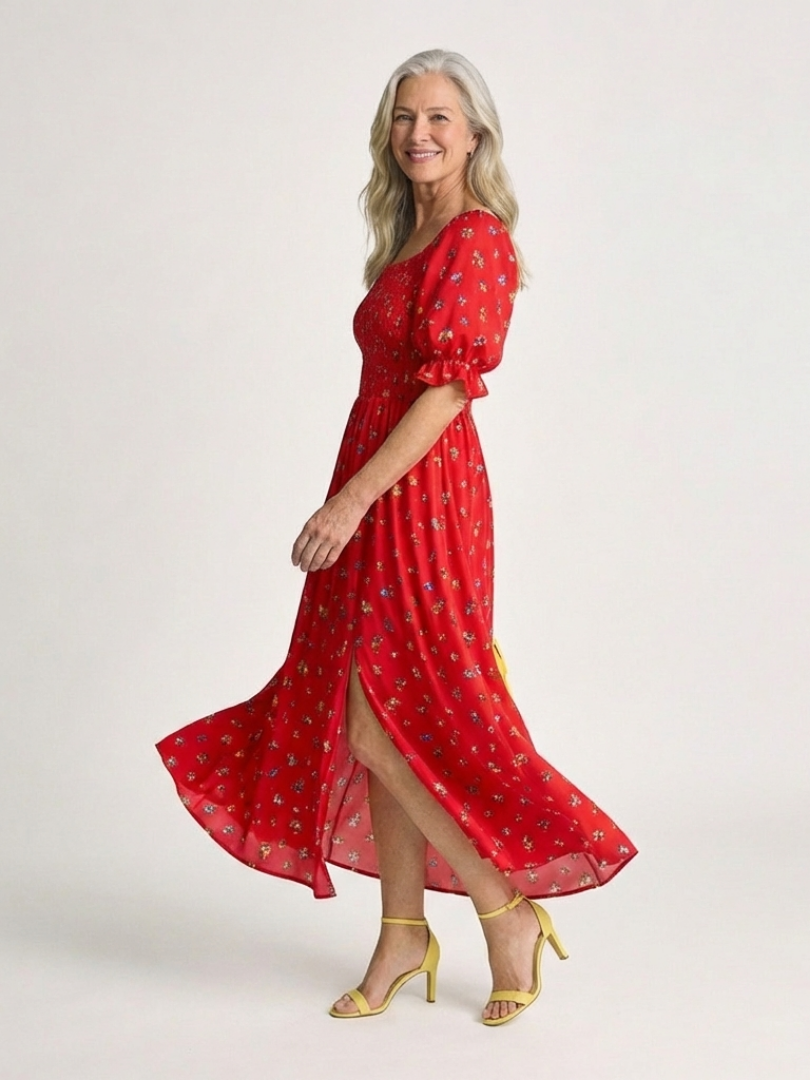 Delphine | Midi-klänning med puffärmar och fyrkantig halsringning med blommor