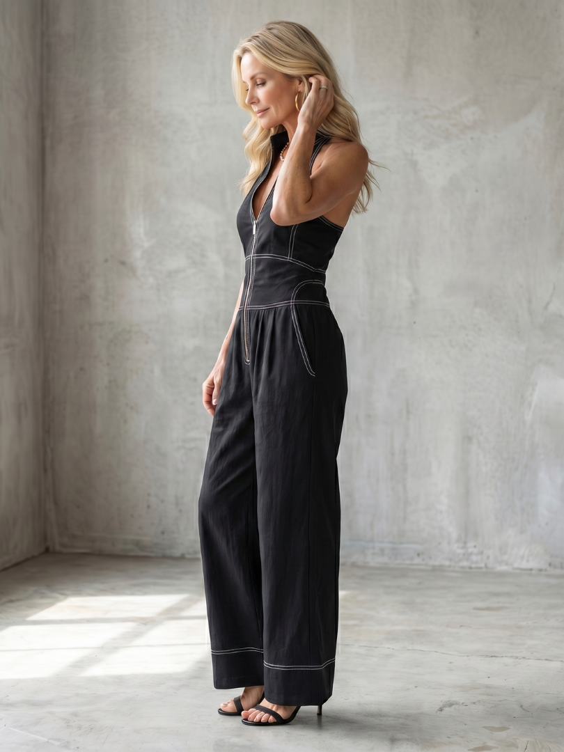 Dara | Zip-Front-Kontraststich vidare Beinsprunganzug