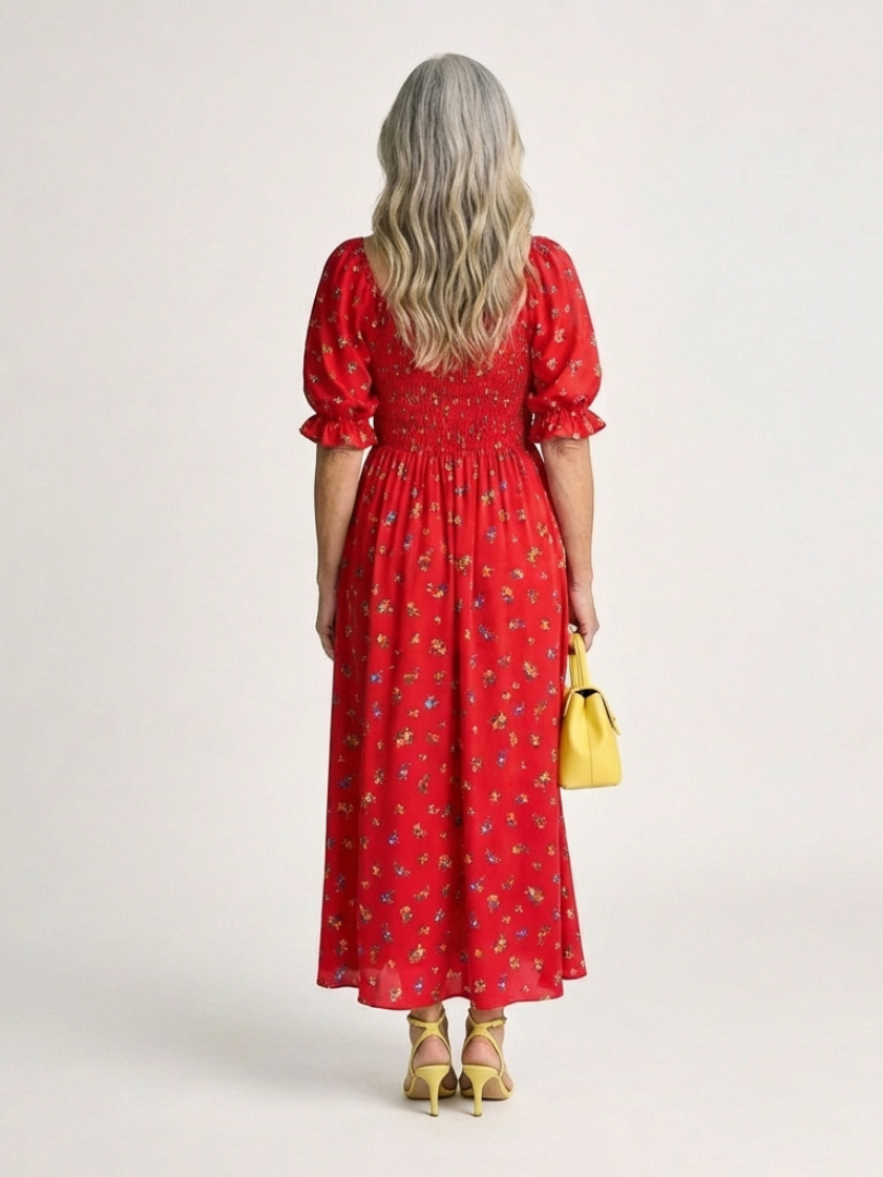 Delphine | Midi-klänning med puffärmar och fyrkantig halsringning med blommor