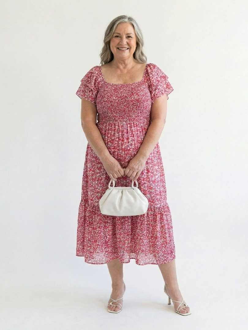 Odette | Midi-klänning med blommönster och off-shoulder halsringning