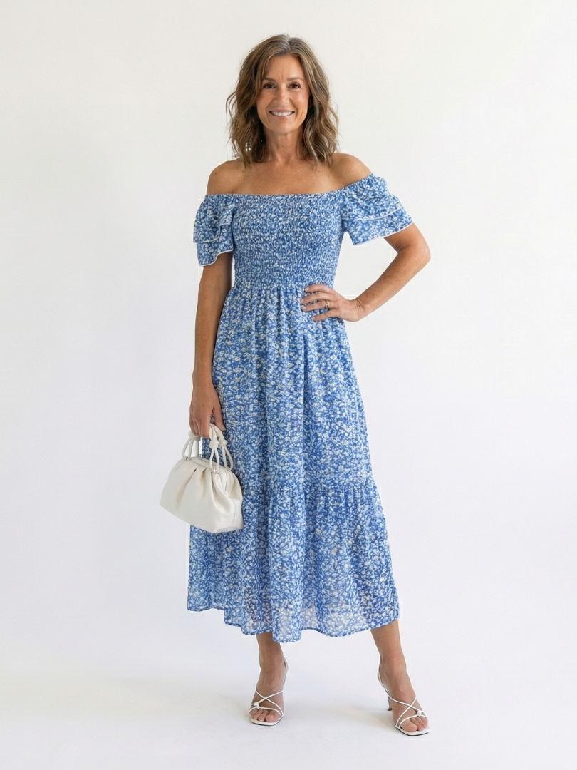 Odette | Midi-klänning med blommönster och off-shoulder halsringning