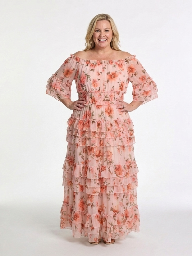 Rosalie | Maxiklänning med volanger och blommig Bardot-urringning