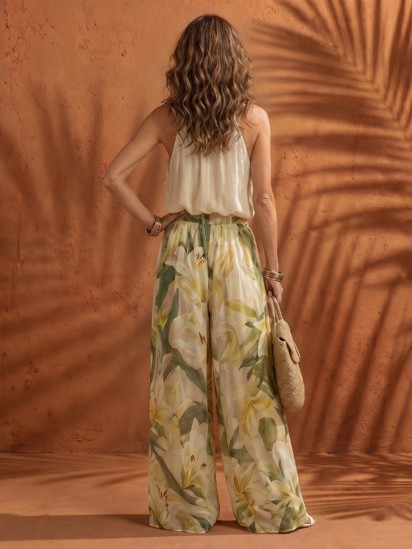 Solange | Halterneck Blus Blommig Vid Byxset