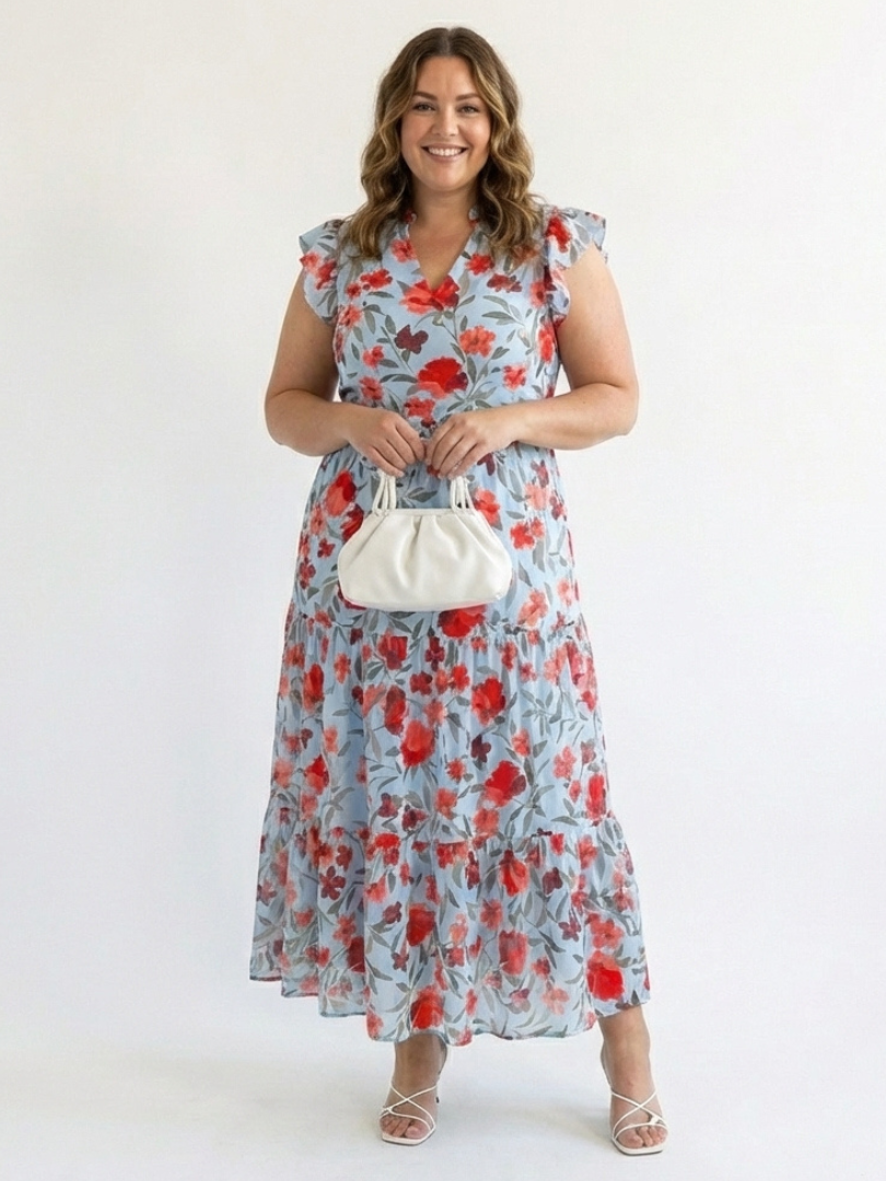 Lila | Midi-A-Line Klänning med Blommönster