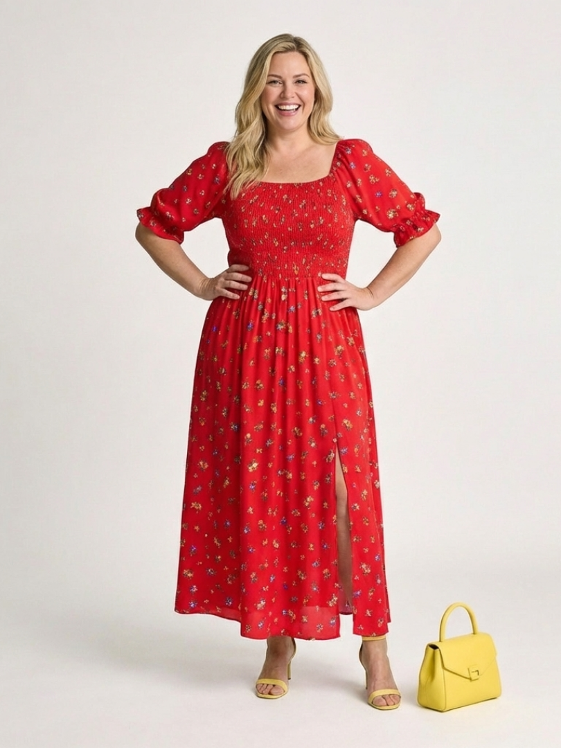 Delphine | Midi-klänning med puffärmar och fyrkantig halsringning med blommor