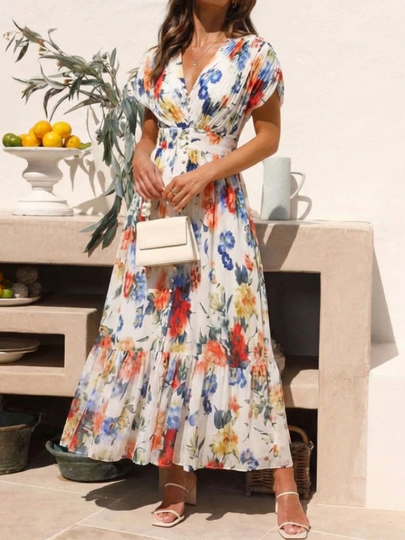 Savannah | Midi-klänning med blommönster och korta ärmar