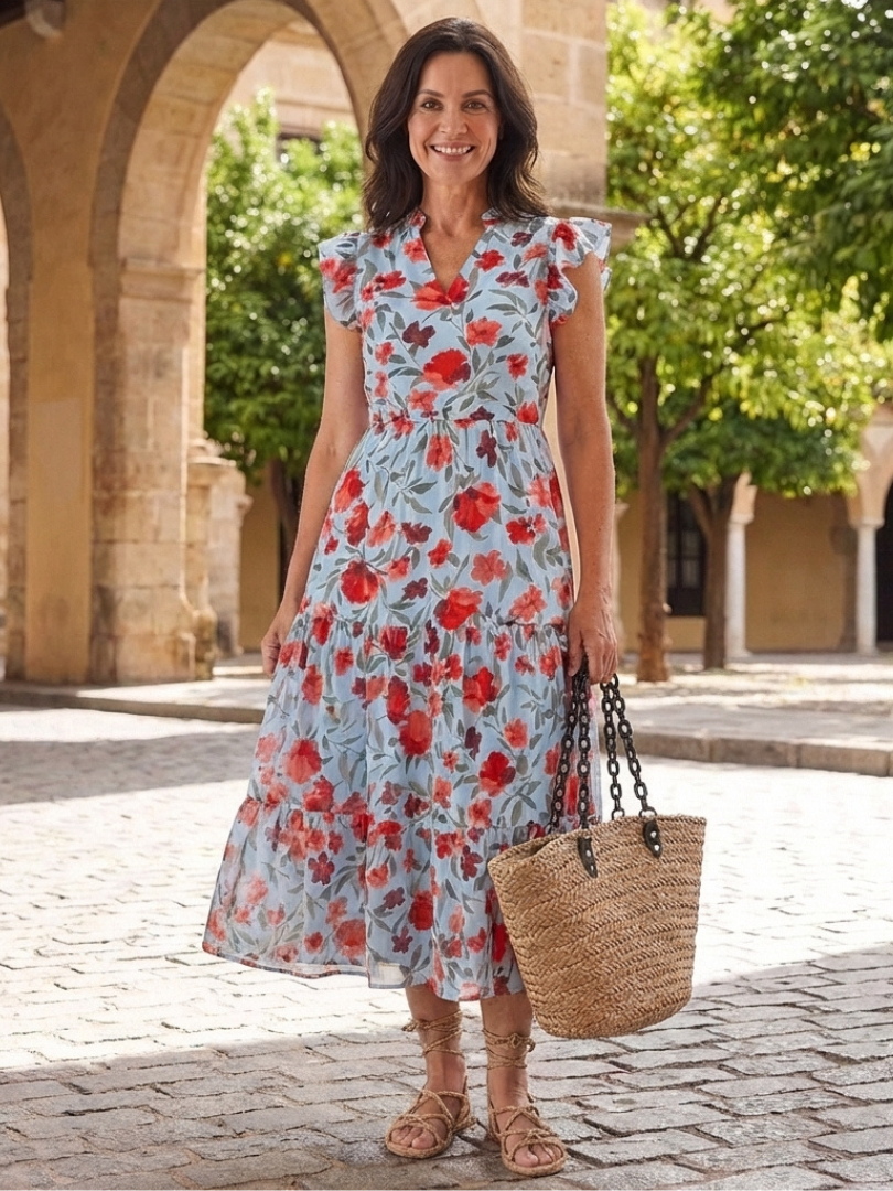 Lila | Midi-A-Line Klänning med Blommönster