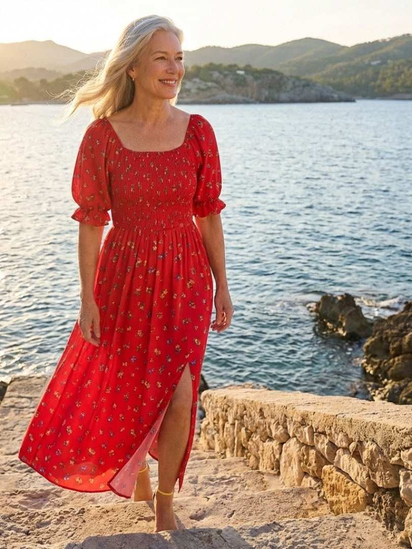 Delphine | Midi-klänning med puffärmar och fyrkantig halsringning med blommor