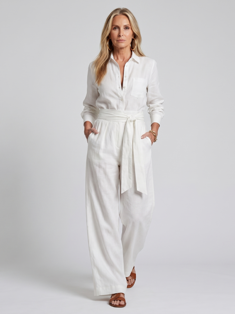 Jovie | Långärmad jumpsuit med knapplist och vida ben