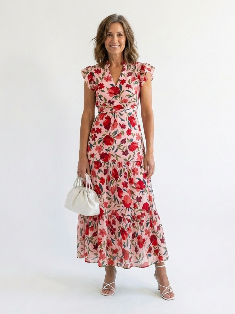 Lila | Midi-A-Line Klänning med Blommönster