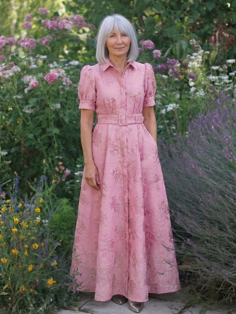Xanthea | Maxiklänning med korta ärmar och texturerat blommig bälte