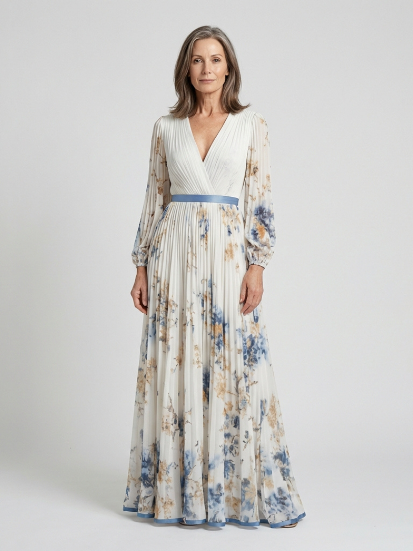 Lavinia | Maxiklänning med långa ärmar och V-ringning i blommönster
