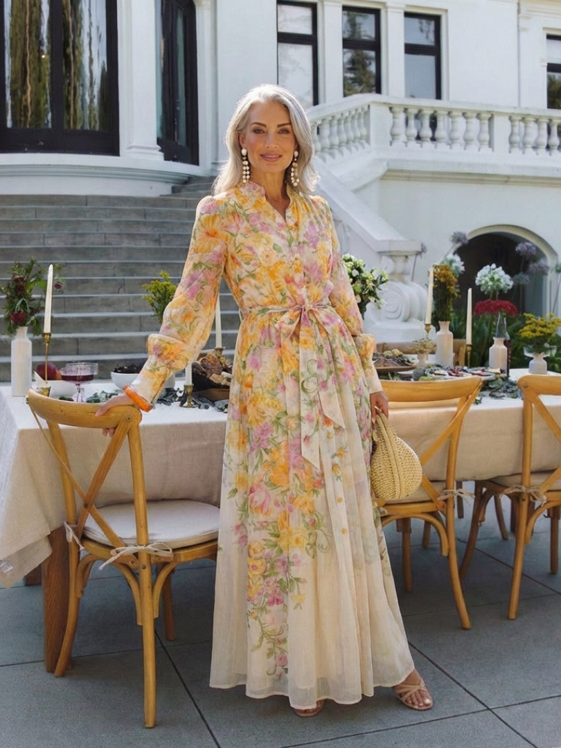 Cressida | Maxiklänning med långa ärmar i transparent blomsterdesign